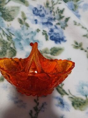 Orange Glass Basket Dish - Pressed Pattern